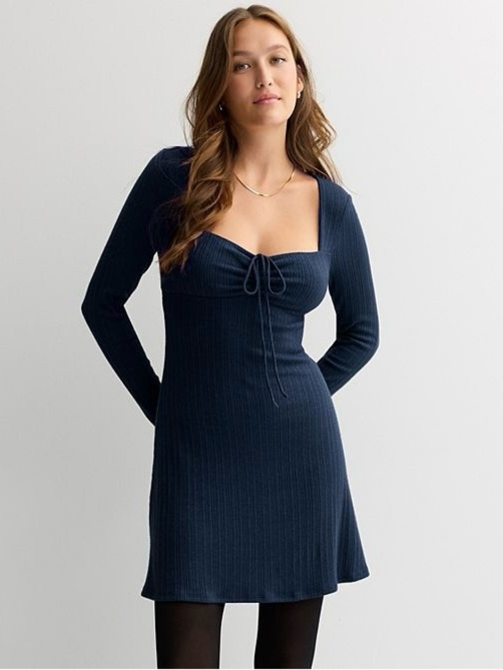 NWT Navy Blue Ribbed Long Sleeve Mini Dress Ruched Tie Front Y2K Fall Coquette S